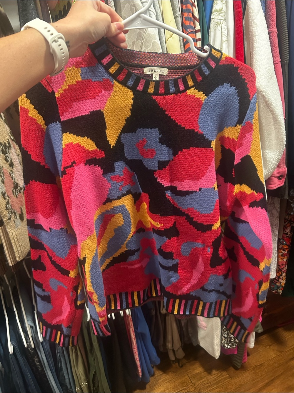 JODIFL Multicolor Abstract Crewneck Sweater — Black, Pink, Red, Blue, Yellow